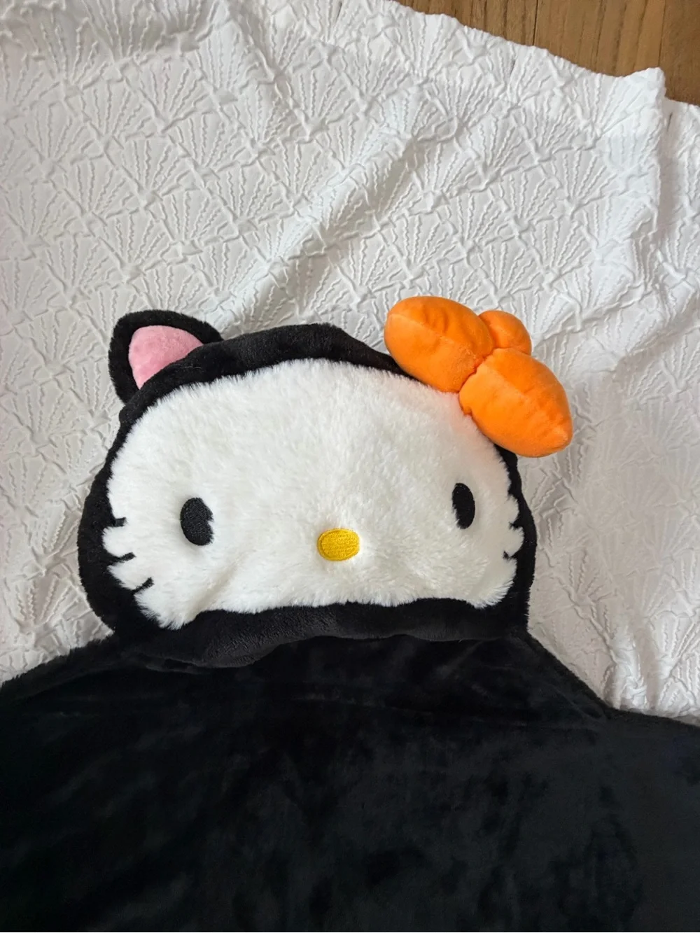 Hello Kitty Black Plush Hooded Costume Blanket with Orange Beak Accent